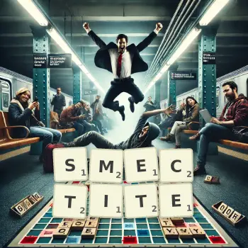 Creative illustration for a Scrabble game with the word SMECTITE spelled out in tiles on the board.