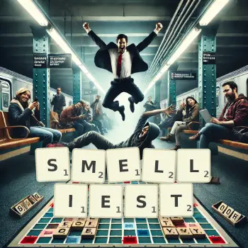 Creative illustration for a Scrabble game with the word SMELLIEST spelled out in tiles on the board.