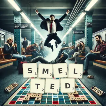 Creative illustration for a Scrabble game with the word SMELTED spelled out in tiles on the board.