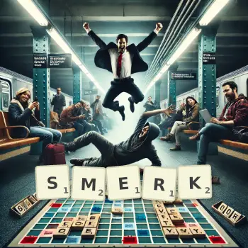 Creative illustration for a Scrabble game with the word SMERK spelled out in tiles on the board.