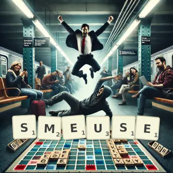 Creative illustration for a Scrabble game with the word SMEUSE spelled out in tiles on the board.