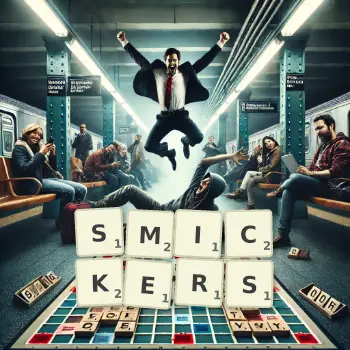 Creative illustration for a Scrabble game with the word SMICKERS spelled out in tiles on the board.