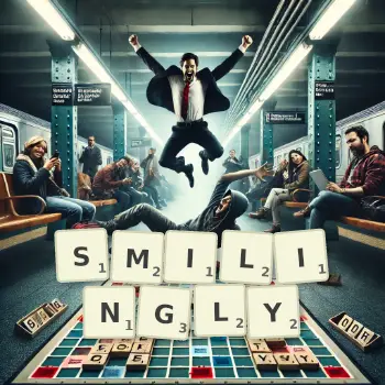 Creative illustration for a Scrabble game with the word SMILINGLY spelled out in tiles on the board.