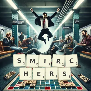 Creative illustration for a Scrabble game with the word SMIRCHERS spelled out in tiles on the board.