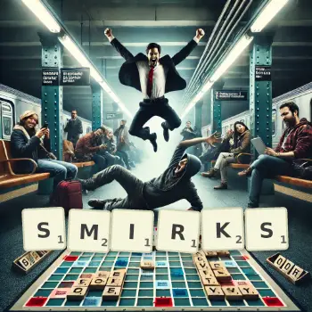 Creative illustration for a Scrabble game with the word SMIRKS spelled out in tiles on the board.