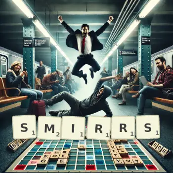 Creative illustration for a Scrabble game with the word SMIRRS spelled out in tiles on the board.