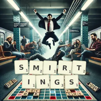 Creative illustration for a Scrabble game with the word SMIRTINGS spelled out in tiles on the board.
