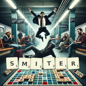 Creative illustration for a Scrabble game with the word SMITER spelled out in tiles on the board.