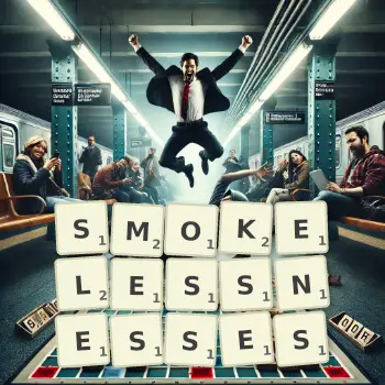 Creative illustration for a Scrabble game with the word SMOKELESSNESSES spelled out in tiles on the board.