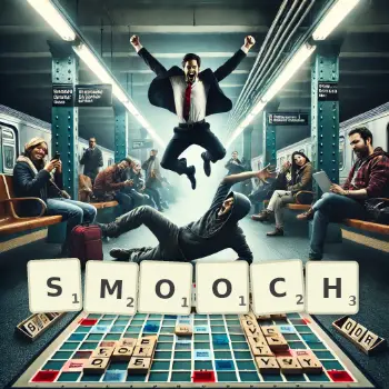 Creative illustration for a Scrabble game with the word SMOOCH spelled out in tiles on the board.