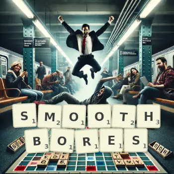 Creative illustration for a Scrabble game with the word SMOOTHBORES spelled out in tiles on the board.