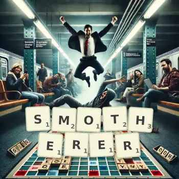 Creative illustration for a Scrabble game with the word SMOTHERER spelled out in tiles on the board.