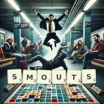 Creative illustration for a Scrabble game with the word SMOUTS spelled out in tiles on the board.