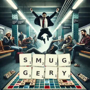 Creative illustration for a Scrabble game with the word SMUGGERY spelled out in tiles on the board.