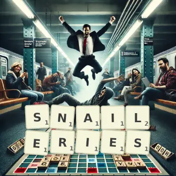 Creative illustration for a Scrabble game with the word SNAILERIES spelled out in tiles on the board.