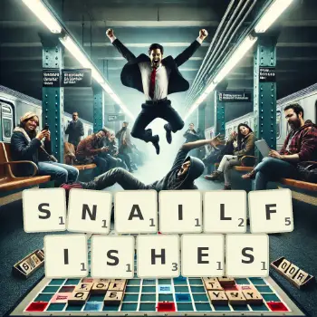 Creative illustration for a Scrabble game with the word SNAILFISHES spelled out in tiles on the board.