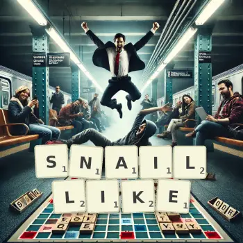 Creative illustration for a Scrabble game with the word SNAILLIKE spelled out in tiles on the board.