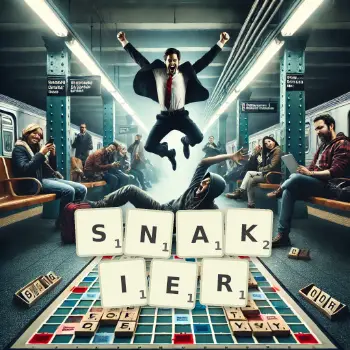 Creative illustration for a Scrabble game with the word SNAKIER spelled out in tiles on the board.