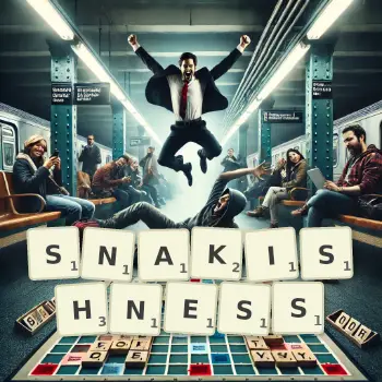 Creative illustration for a Scrabble game with the word SNAKISHNESS spelled out in tiles on the board.