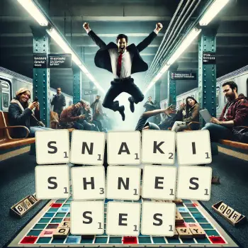 Creative illustration for a Scrabble game with the word SNAKISHNESSES spelled out in tiles on the board.