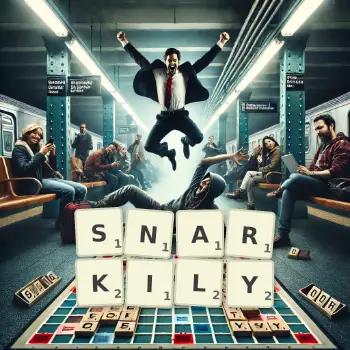 Creative illustration for a Scrabble game with the word SNARKILY spelled out in tiles on the board.