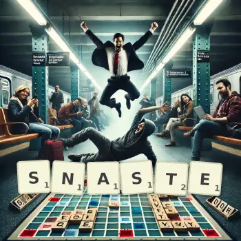 Creative illustration for a Scrabble game with the word SNASTE spelled out in tiles on the board.