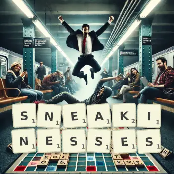 Creative illustration for a Scrabble game with the word SNEAKINESSES spelled out in tiles on the board.
