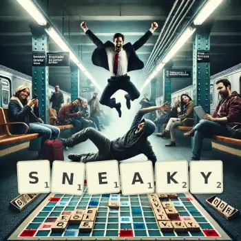 Creative illustration for a Scrabble game with the word SNEAKY spelled out in tiles on the board.