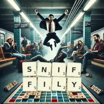 Creative illustration for a Scrabble game with the word SNIFFILY spelled out in tiles on the board.