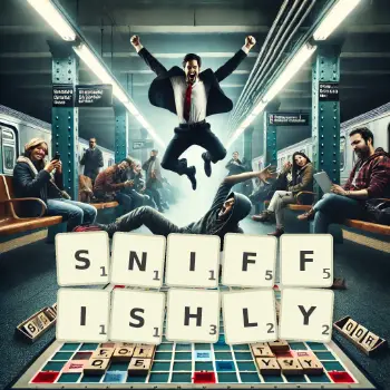 Creative illustration for a Scrabble game with the word SNIFFISHLY spelled out in tiles on the board.