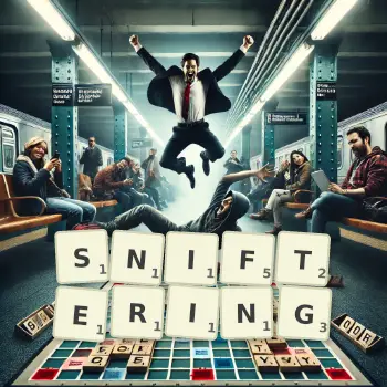 Creative illustration for a Scrabble game with the word SNIFTERING spelled out in tiles on the board.