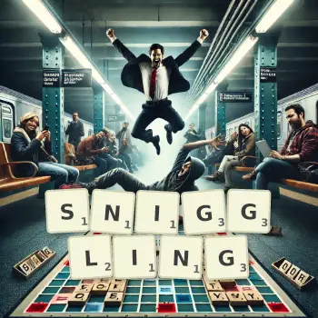 Creative illustration for a Scrabble game with the word SNIGGLING spelled out in tiles on the board.