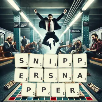 Creative illustration for a Scrabble game with the word SNIPPERSNAPPER spelled out in tiles on the board.
