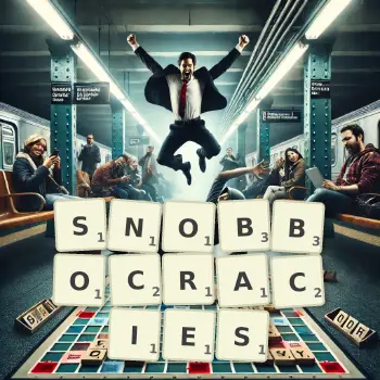 Creative illustration for a Scrabble game with the word SNOBBOCRACIES spelled out in tiles on the board.