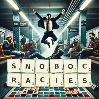 Creative illustration for a Scrabble game with the word SNOBOCRACIES spelled out in tiles on the board.