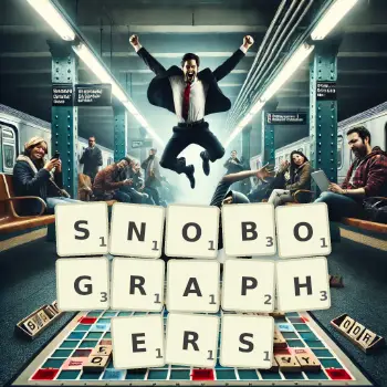 Creative illustration for a Scrabble game with the word SNOBOGRAPHERS spelled out in tiles on the board.