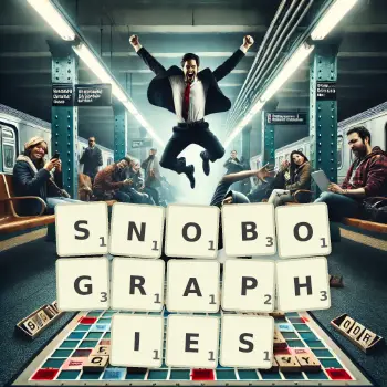 Creative illustration for a Scrabble game with the word SNOBOGRAPHIES spelled out in tiles on the board.
