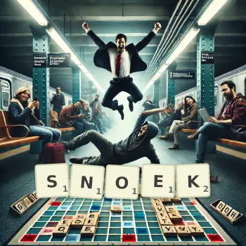 Creative illustration for a Scrabble game with the word SNOEK spelled out in tiles on the board.