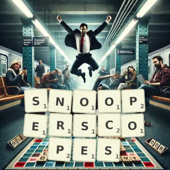 Creative illustration for a Scrabble game with the word SNOOPERSCOPES spelled out in tiles on the board.