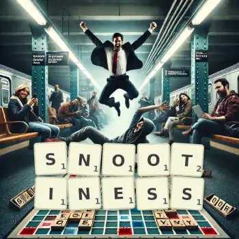 Creative illustration for a Scrabble game with the word SNOOTINESS spelled out in tiles on the board.