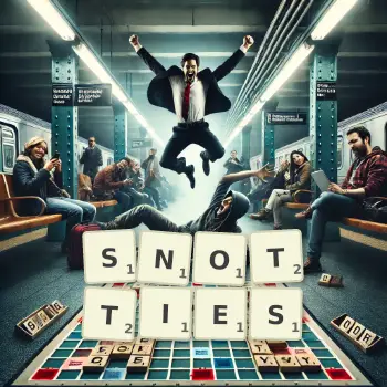 Creative illustration for a Scrabble game with the word SNOTTIES spelled out in tiles on the board.
