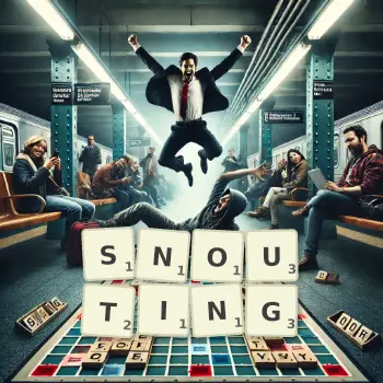 Creative illustration for a Scrabble game with the word SNOUTING spelled out in tiles on the board.