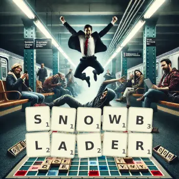 Creative illustration for a Scrabble game with the word SNOWBLADER spelled out in tiles on the board.