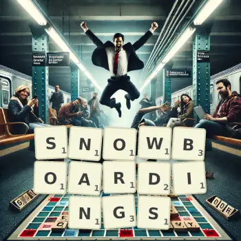 Creative illustration for a Scrabble game with the word SNOWBOARDINGS spelled out in tiles on the board.