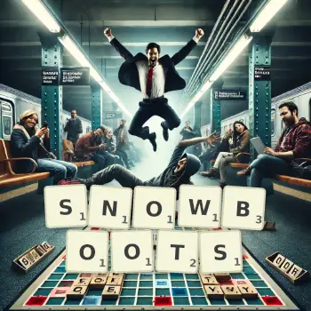 Creative illustration for a Scrabble game with the word SNOWBOOTS spelled out in tiles on the board.