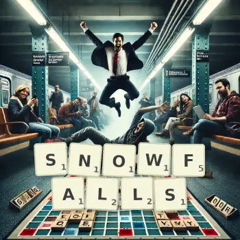 Creative illustration for a Scrabble game with the word SNOWFALLS spelled out in tiles on the board.