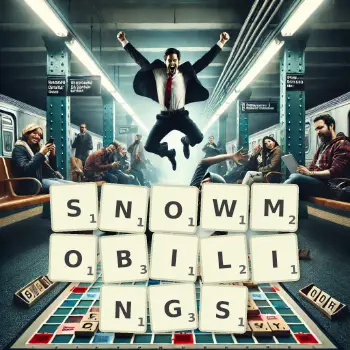 Creative illustration for a Scrabble game with the word SNOWMOBILINGS spelled out in tiles on the board.