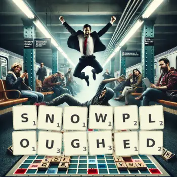 Creative illustration for a Scrabble game with the word SNOWPLOUGHED spelled out in tiles on the board.