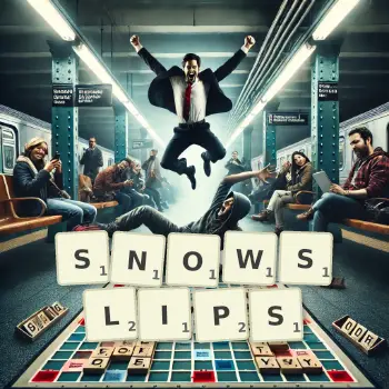 Creative illustration for a Scrabble game with the word SNOWSLIPS spelled out in tiles on the board.