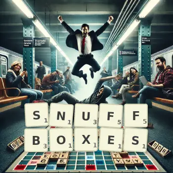 Creative illustration for a Scrabble game with the word SNUFFBOXES spelled out in tiles on the board.